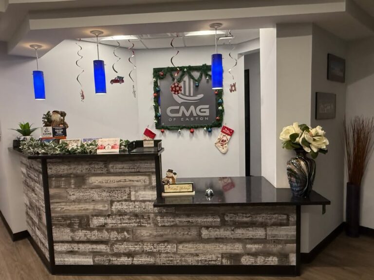 CMG office reception desk decorated for the holidays