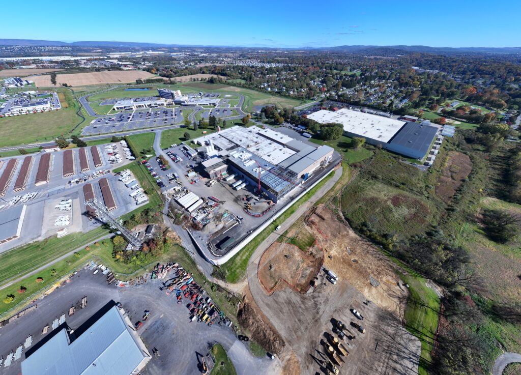 Aerial view of a food production plant expansion under construction