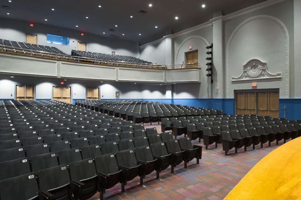 Renovated school auditorium with balcony seating