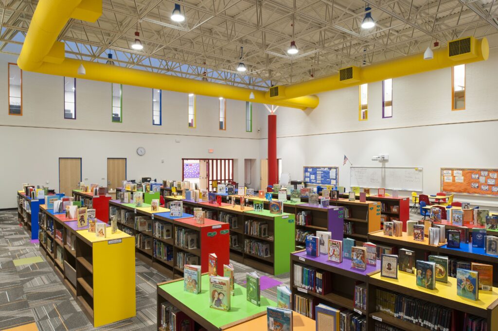 School library with colorful bookshelves