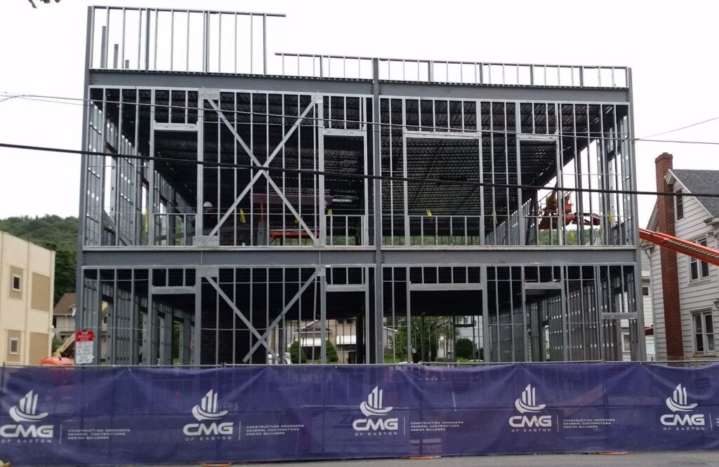 Steel frame of a multi-story medical building under construction